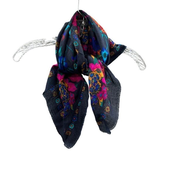 Vintage Scarf Challis by Berkshire Blue Fuchsia Floral Acrylic Made in Japan - Picture 1 of 6